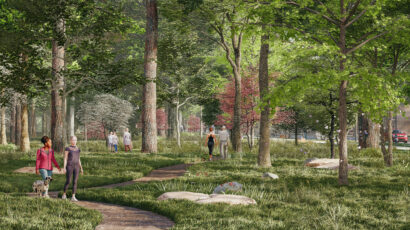 A rendering of Rowen's future walking trail in a forest.