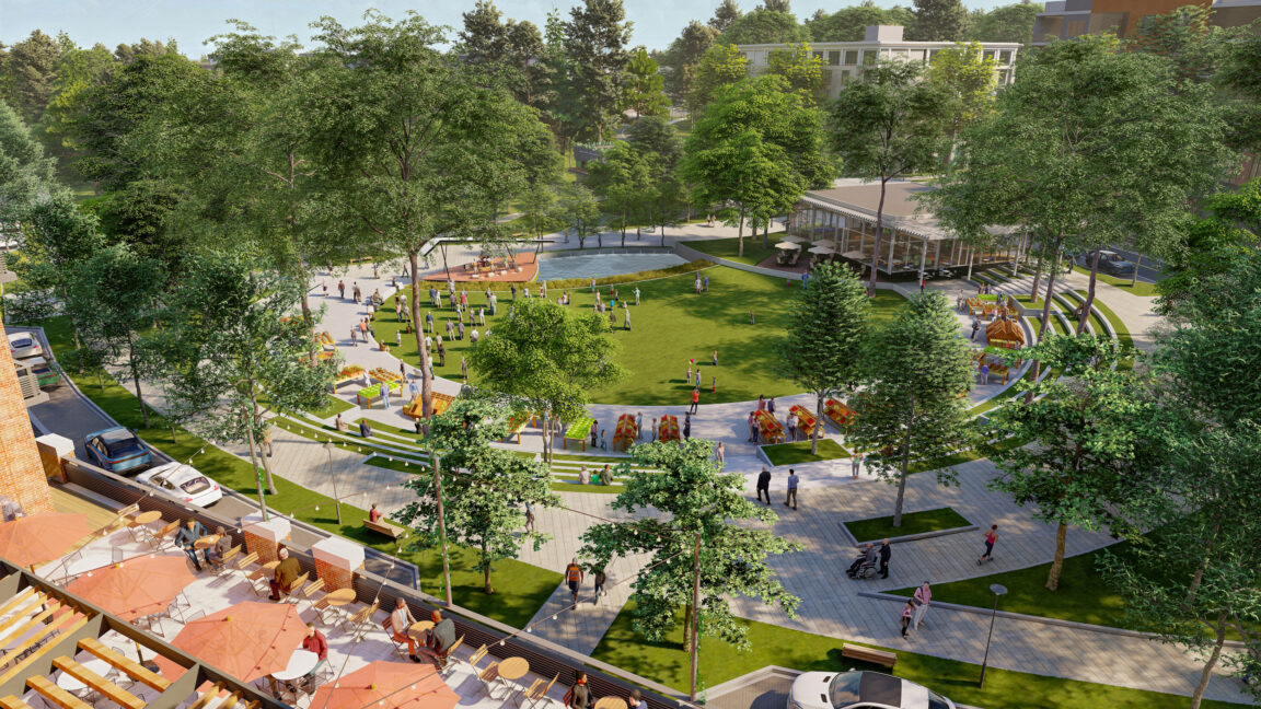 A rendering of a bustling square at Rowen.