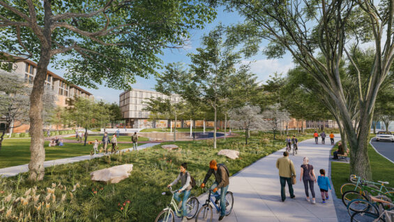 A rendering of people walking and biking along sidewalks in a lush town square.