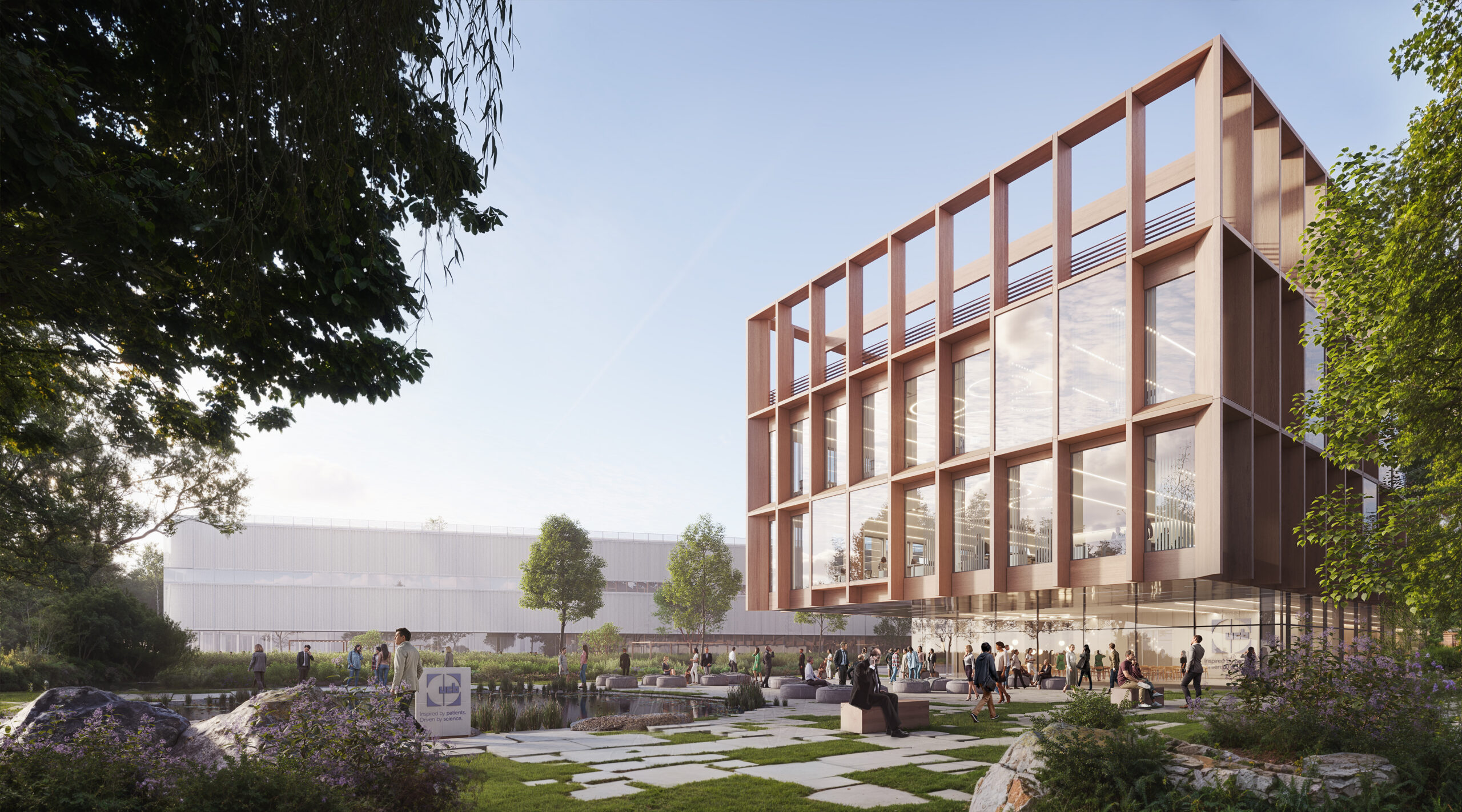 Rendering of the main campus building at UCB's Rowen biologics campus